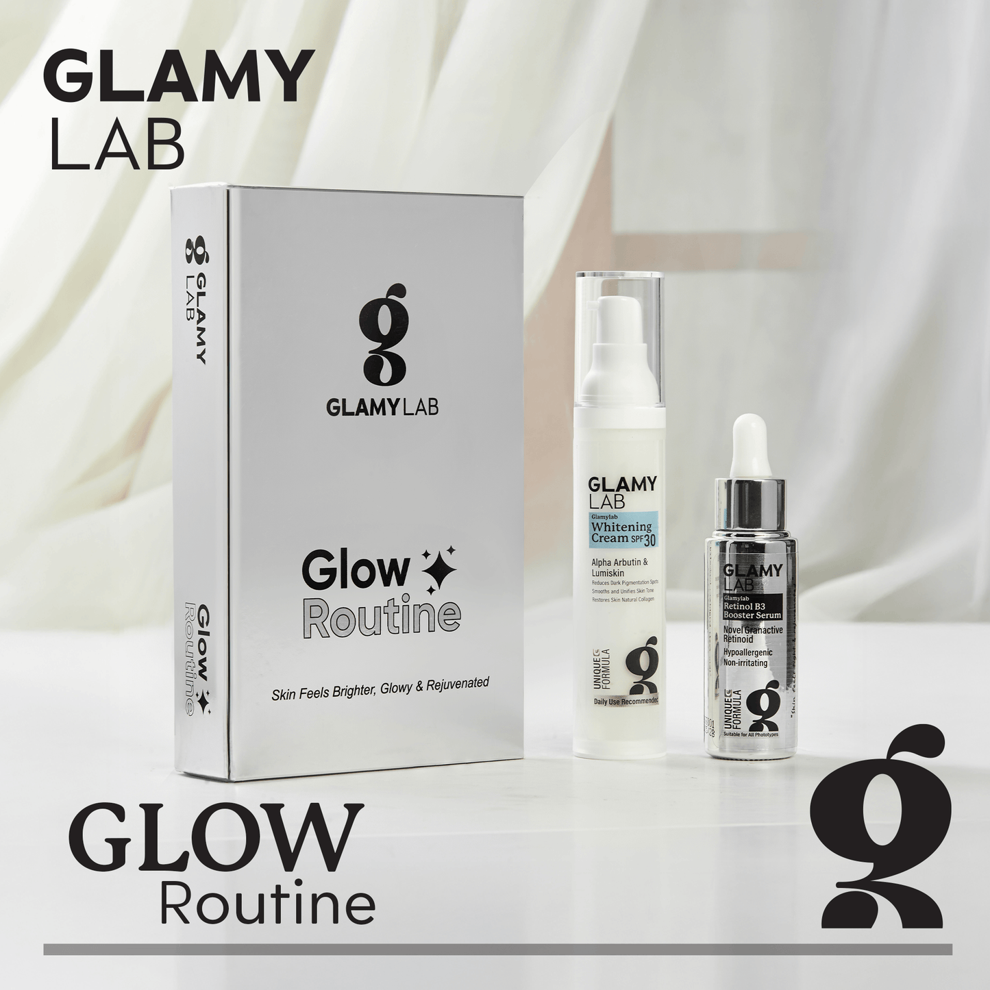 Glamy Lab skincare products including a box and bottles on a white background