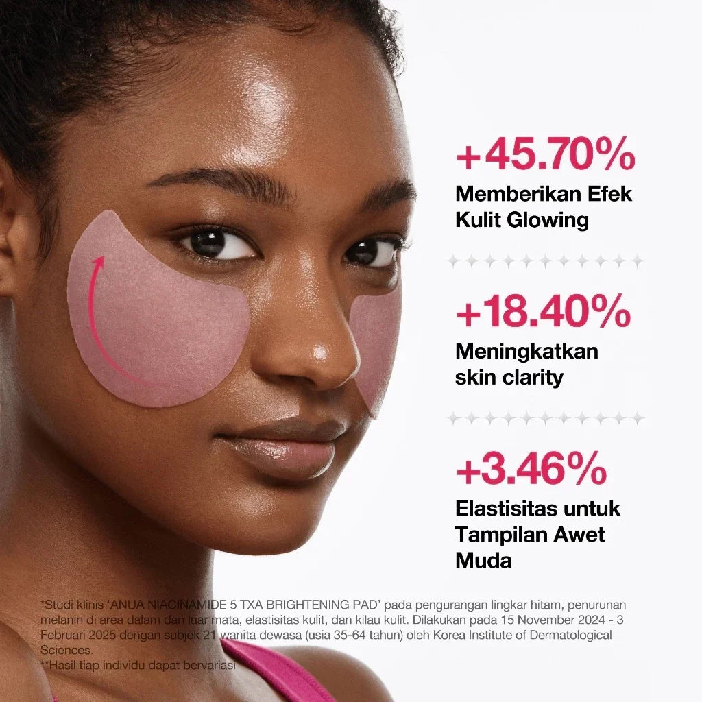 Woman's face with eye patches and text highlighting skin benefits on a white background