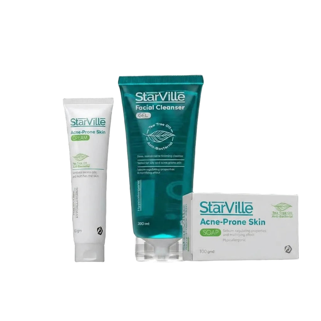 StarVille Acne-Prone Skin skincare set featuring a white gel cleanser tube, a teal facial cleanser squeeze bottle, and a white acne gel box, arranged against a solid black background.