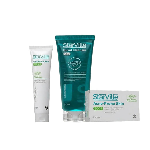 StarVille Acne-Prone Skin skincare set featuring a white gel cleanser tube, a teal facial cleanser squeeze bottle, and a white acne gel box, arranged against a solid black background.