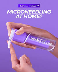 Hand holding a purple booster shot container with text about microneedling on a purple background