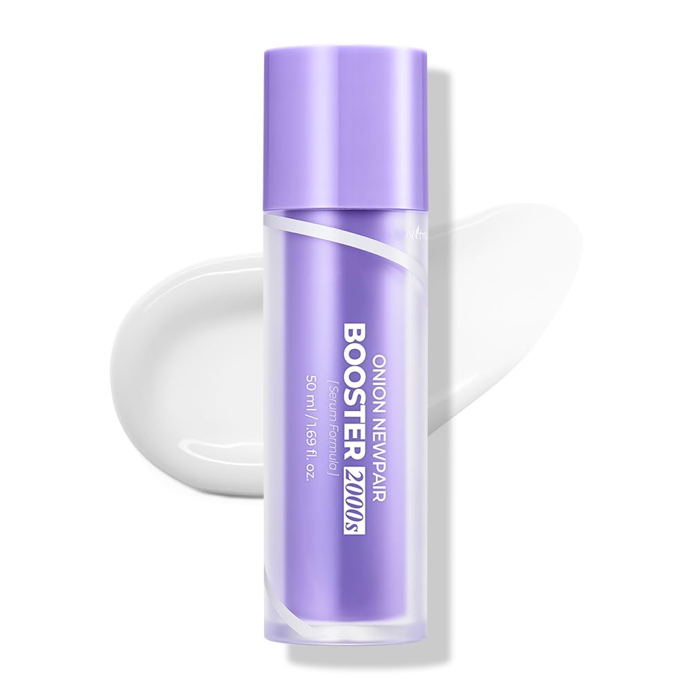 Purple booster serum bottle with white text on a white background