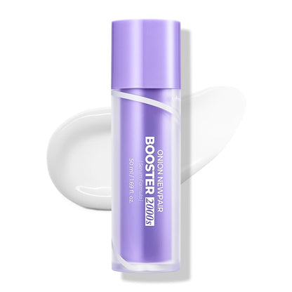 Purple booster serum bottle with white text on a white background