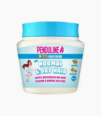 A jar of Penduline Kids Hair Cream for normal and dry hair, featuring a white container with a bright blue lid and a blue and white label with pink and green accents.