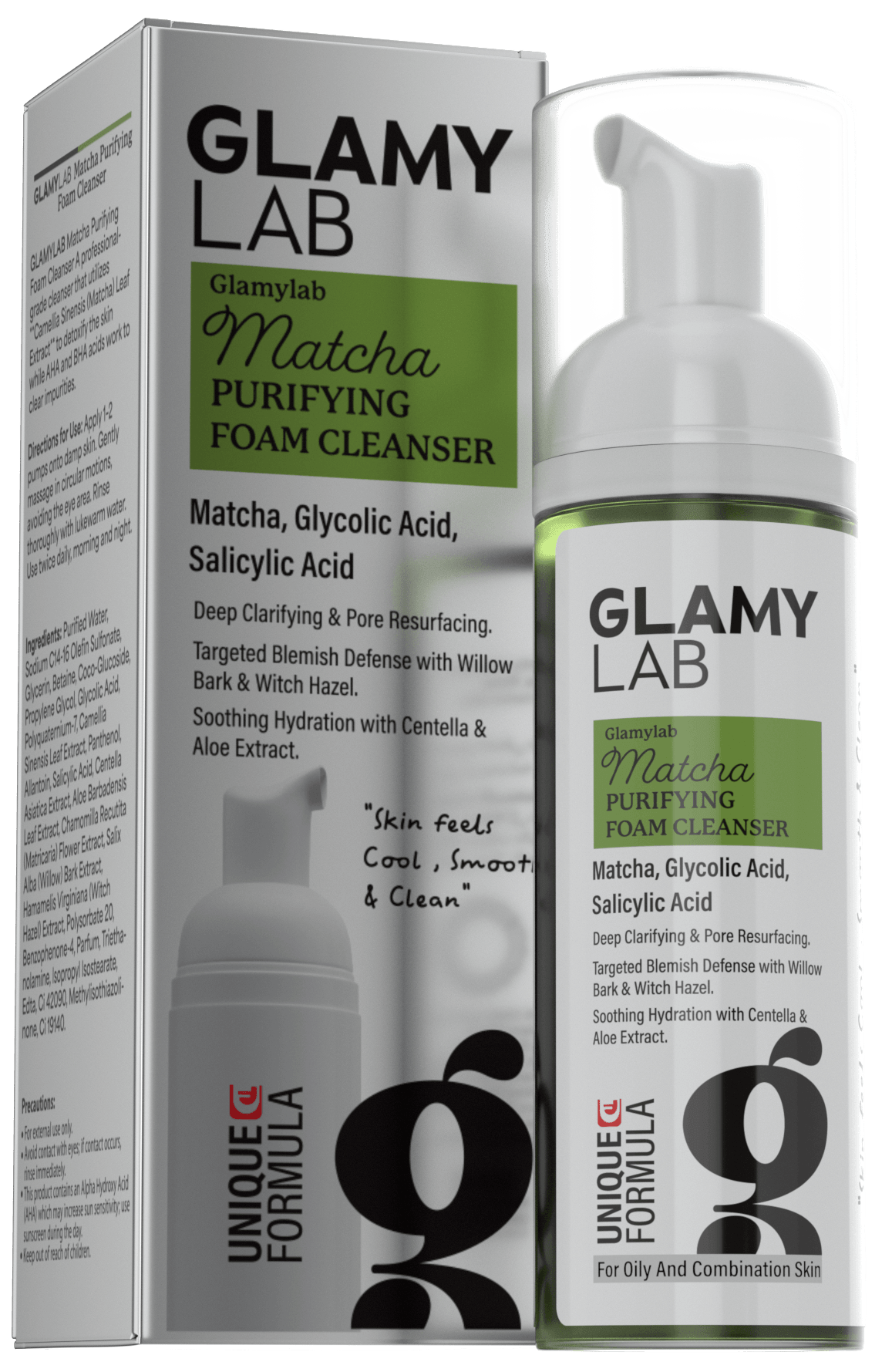 Glamy Lab Matcha Purifying Foam Cleanser with packaging on a white background