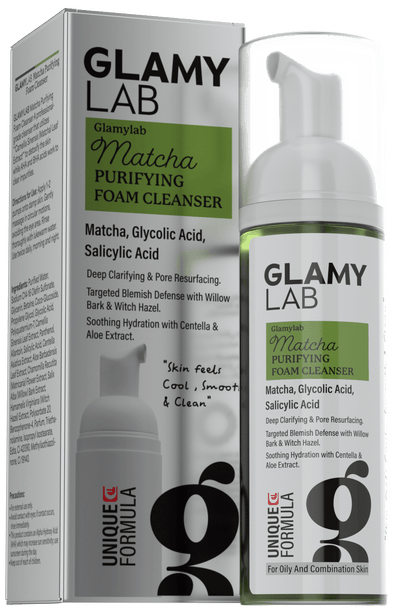 Glamy Lab Matcha Purifying Foam Cleanser with packaging on a white background