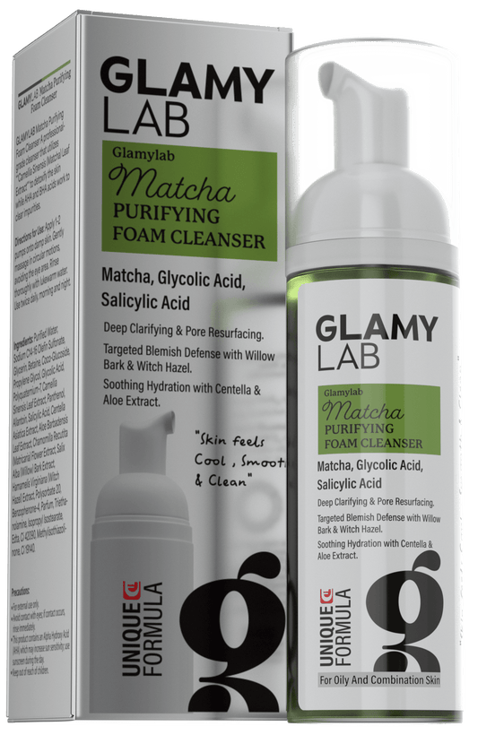 Glamy Lab Matcha Purifying Foam Cleanser with packaging on a white background