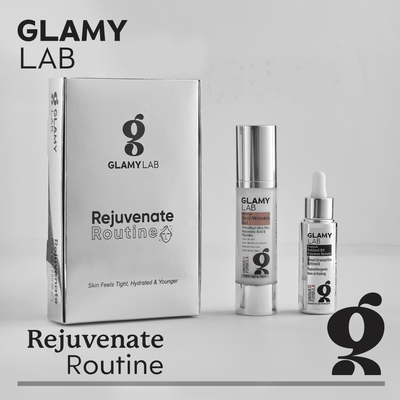 GLAMY LAB skincare products including a box and two bottles on a light gray background