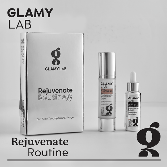 GLAMY LAB skincare products including a box and two bottles on a light gray background