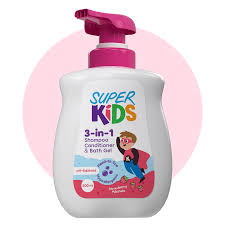 Super Kids 3-in-1 shampoo, conditioner, and bath gel bottle with pink pump on a white background
