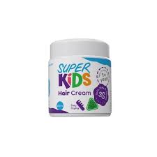 A white plastic jar of Super Kids Hair Cream with a colorful label, shown against a plain white background.