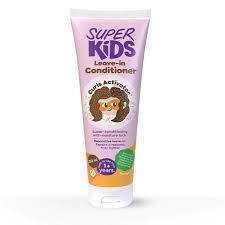 A tube of Super Kids Hair Care Conditioner with a light purple and white design, featuring cartoon graphics of a lion and a child, on a plain white background.