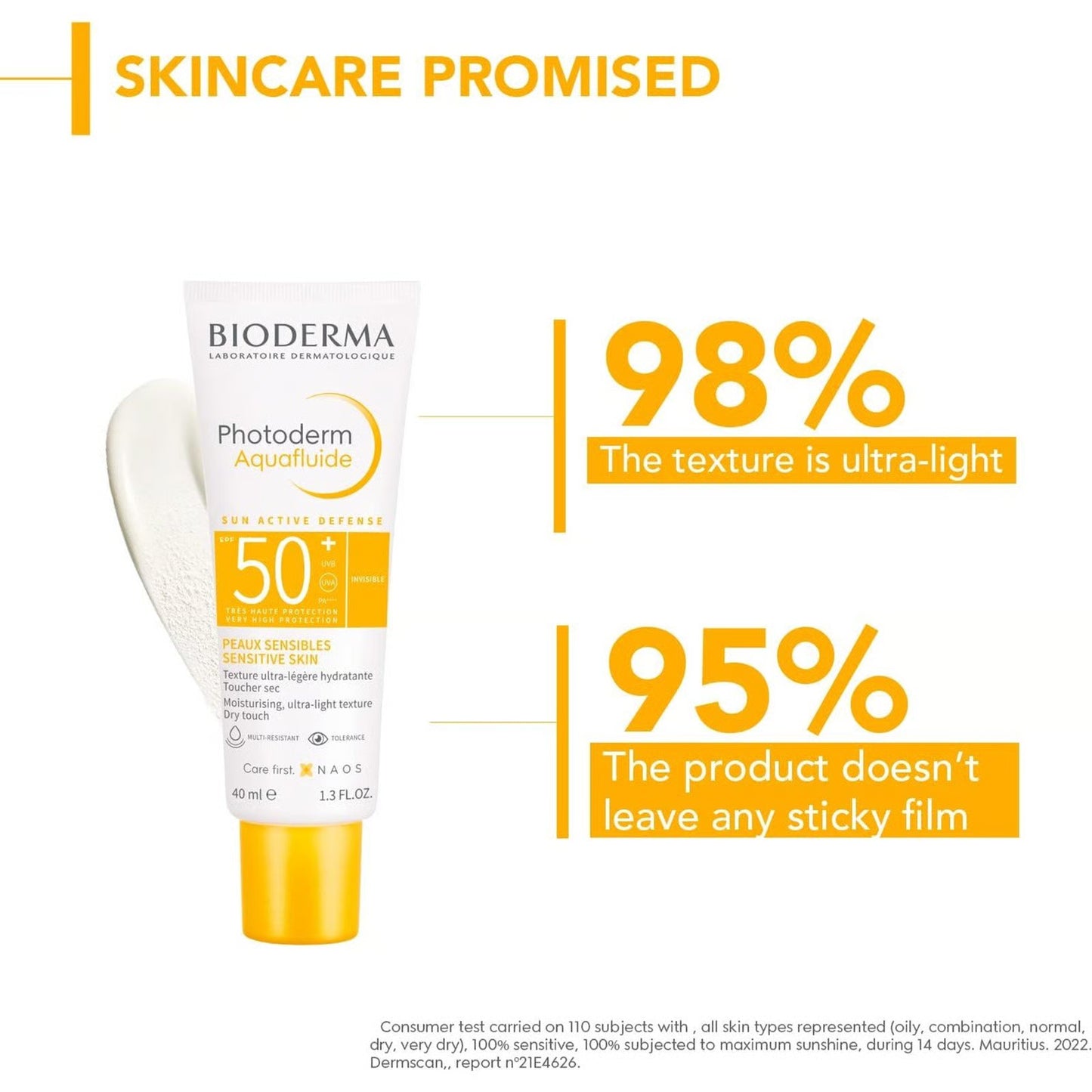 Bioderma sunscreen tube with text highlighting features on a white background