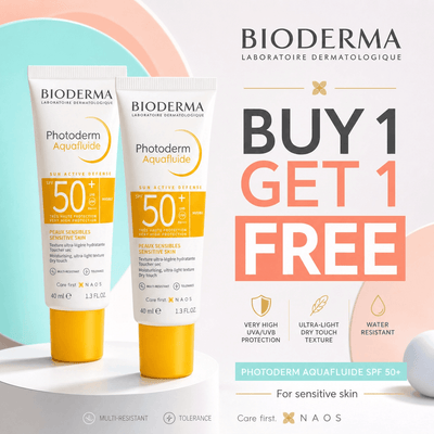 Two Bioderma Photoderm AquaFluide sunscreen tubes with a promotional banner on a white background.
