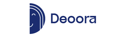 Deoora logo with a blue curved line and text on a white background