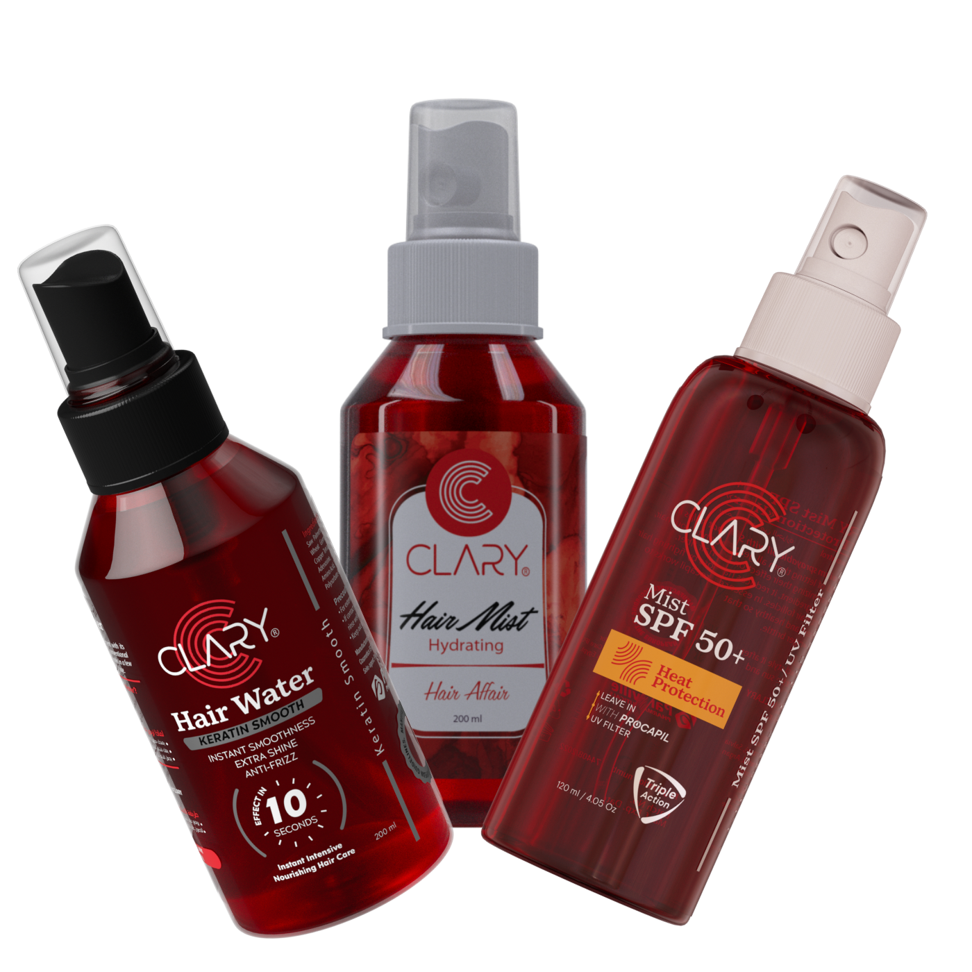 Three Clary hair care products on a white background