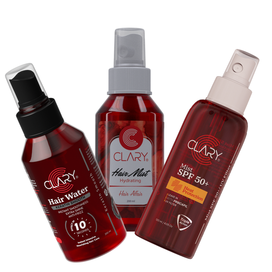 Three Clary hair care products on a white background